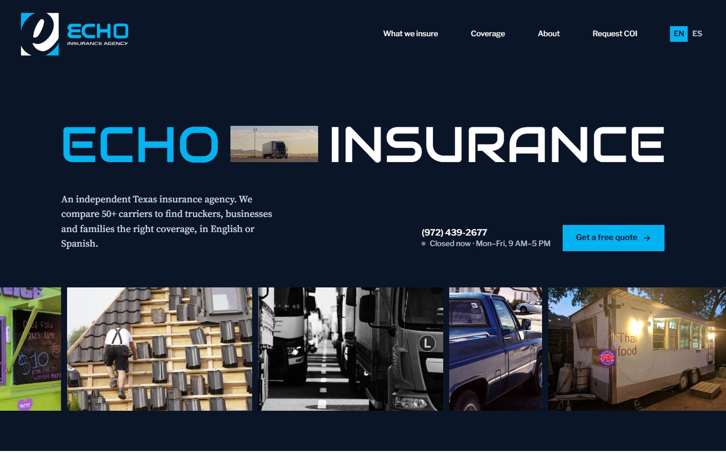 The Echo Insurance website: the agency's name set large around a photo of a truck, a phone number and a free-quote button.